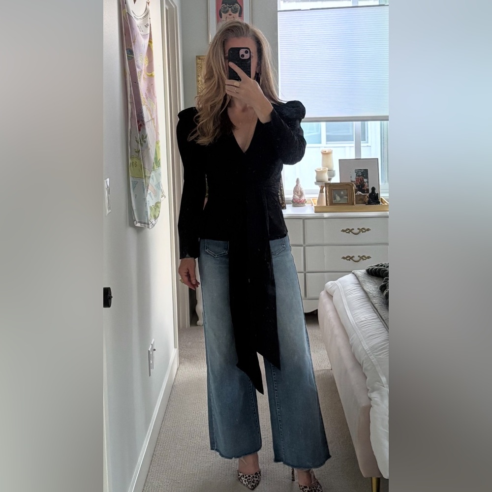 Zara Black Puff Sleeve Wrap Blouse